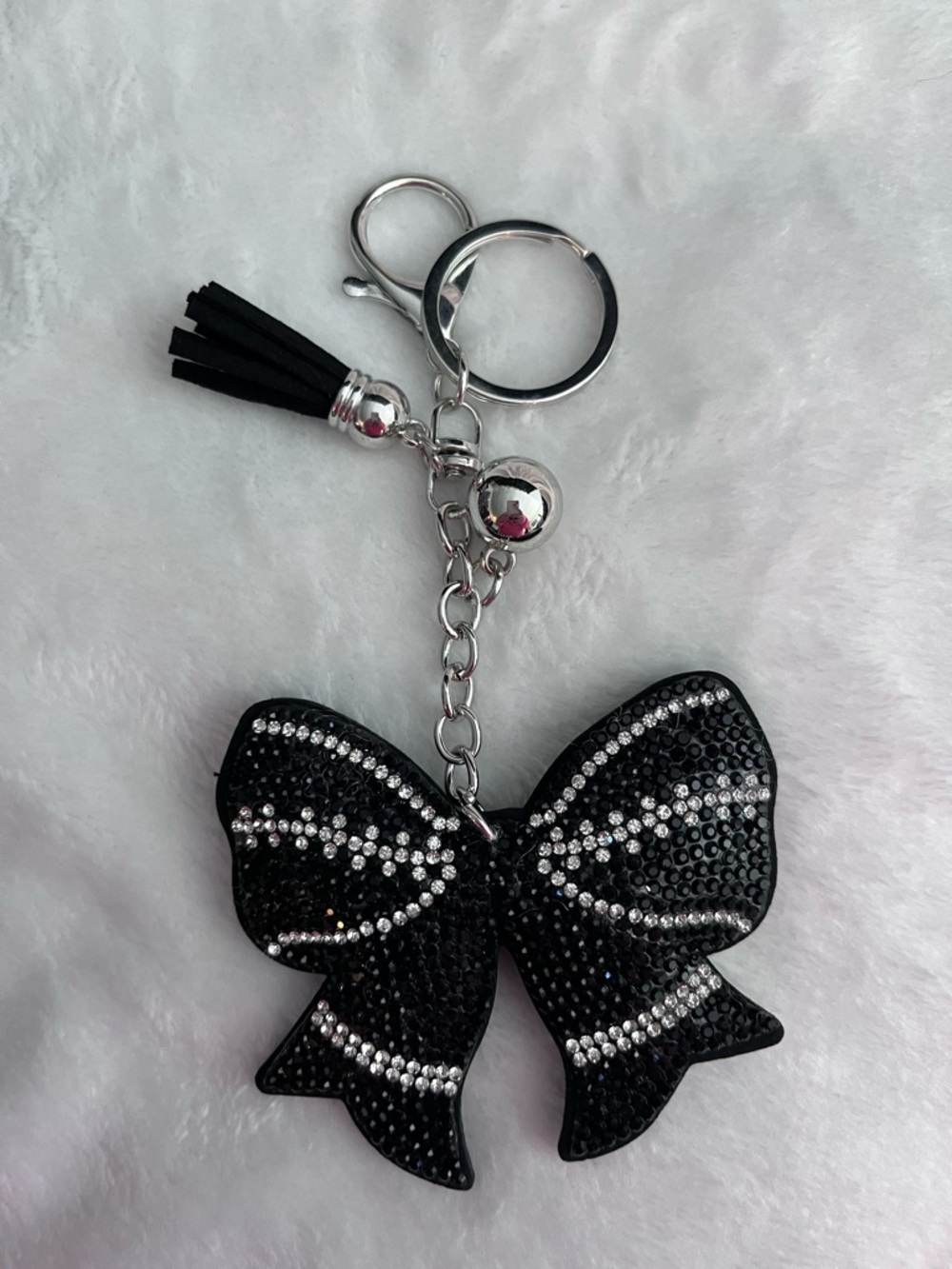 Black Crystal Bow Keychain Charm with Tassel